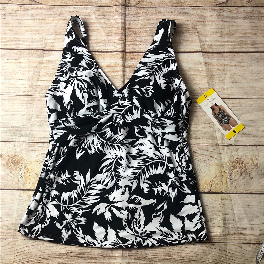 NWT kathy ireland Black and White Floral‎ Tankini Swim Top